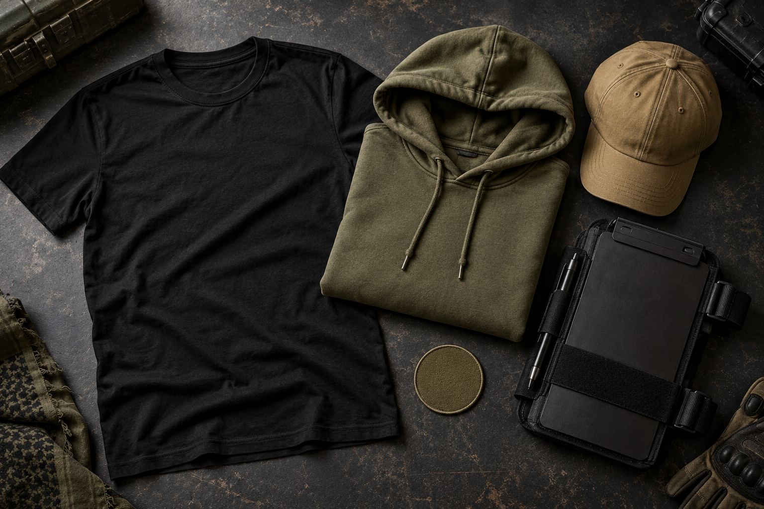 Illustrative concept flat lay of a T-shirt, hoodie, hat, patch and kneeboard