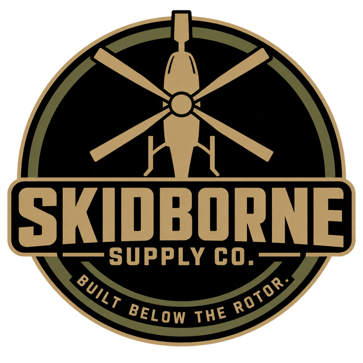 Skidborne Supply Co. rotor-and-skids badge in coyote tan and olive